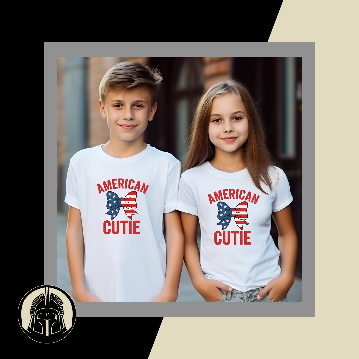 Two children wearing white t-shirts with 'American Cutie' design.