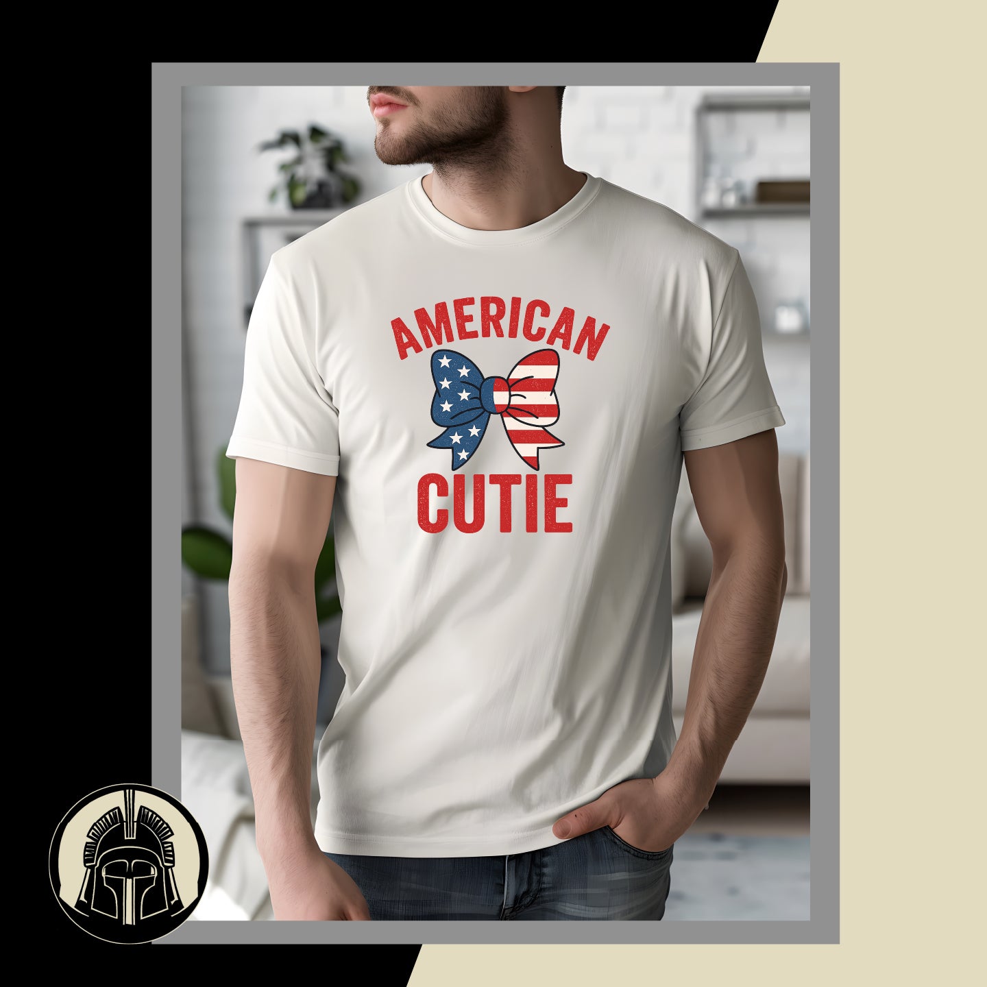 Person wearing a white t-shirt with 'American Cutie' design in a casual setting