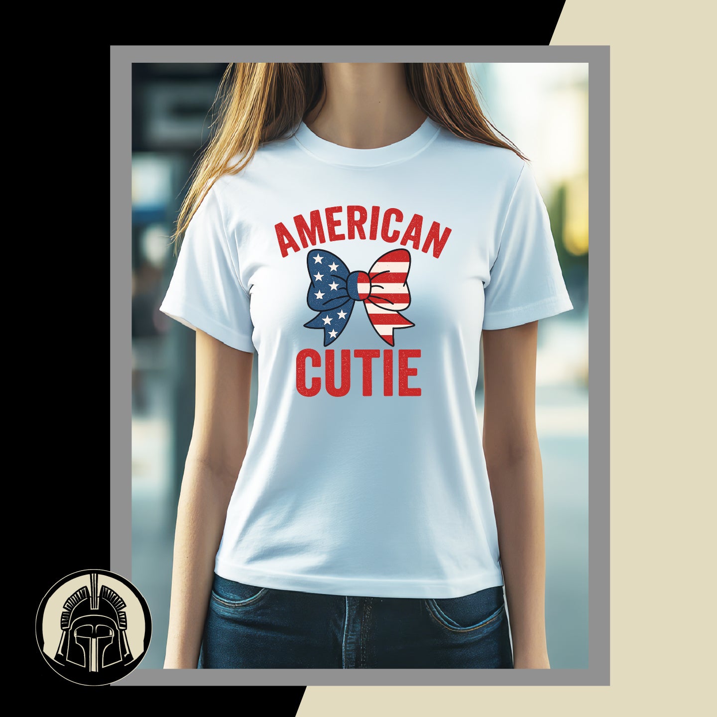 Person wearing a white t-shirt with 'American Cutie' design featuring an American flag bow tie.