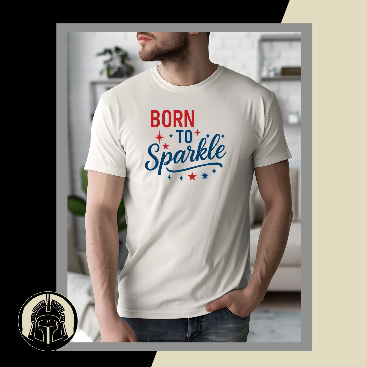 Person wearing a white t-shirt with 'Born to Sparkle' text in red and blue, standing in a room.
