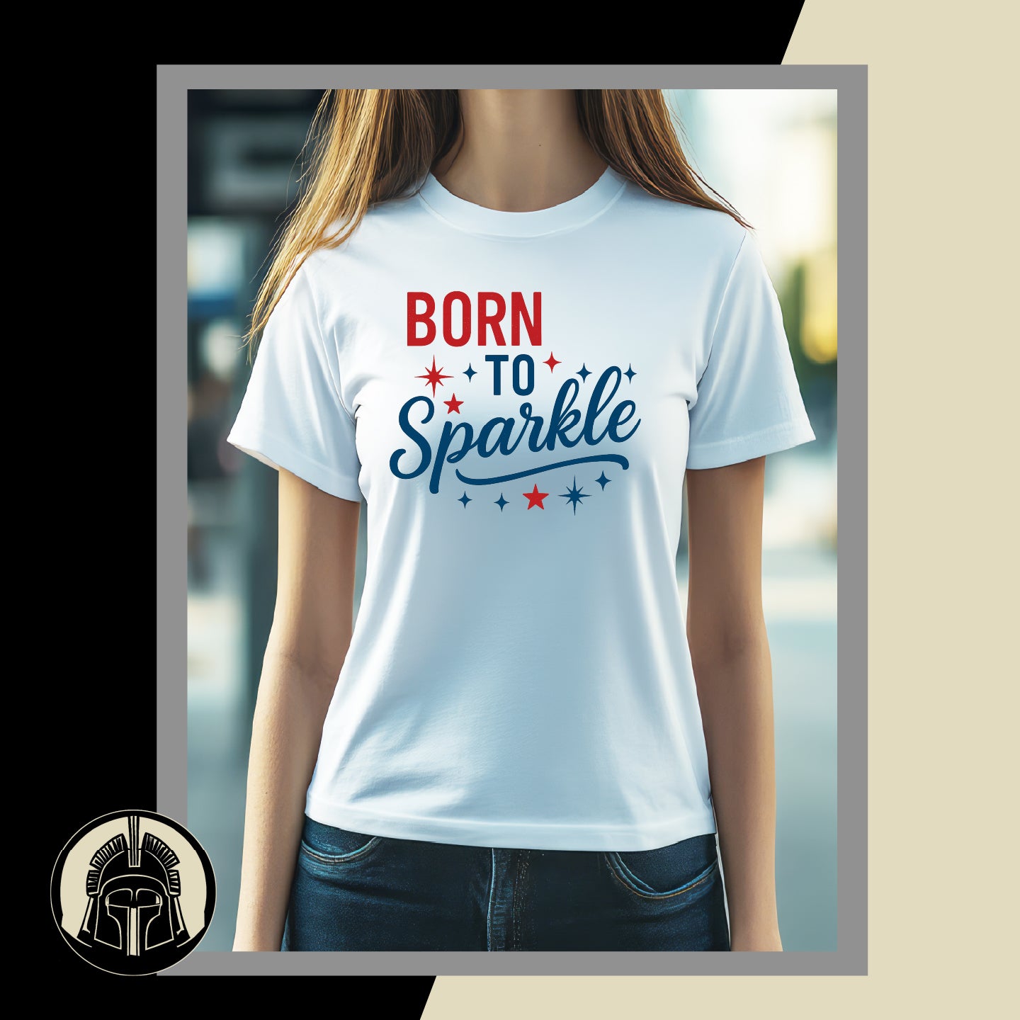 Person wearing a white t-shirt with 'Born to Sparkle' text, standing outdoors.