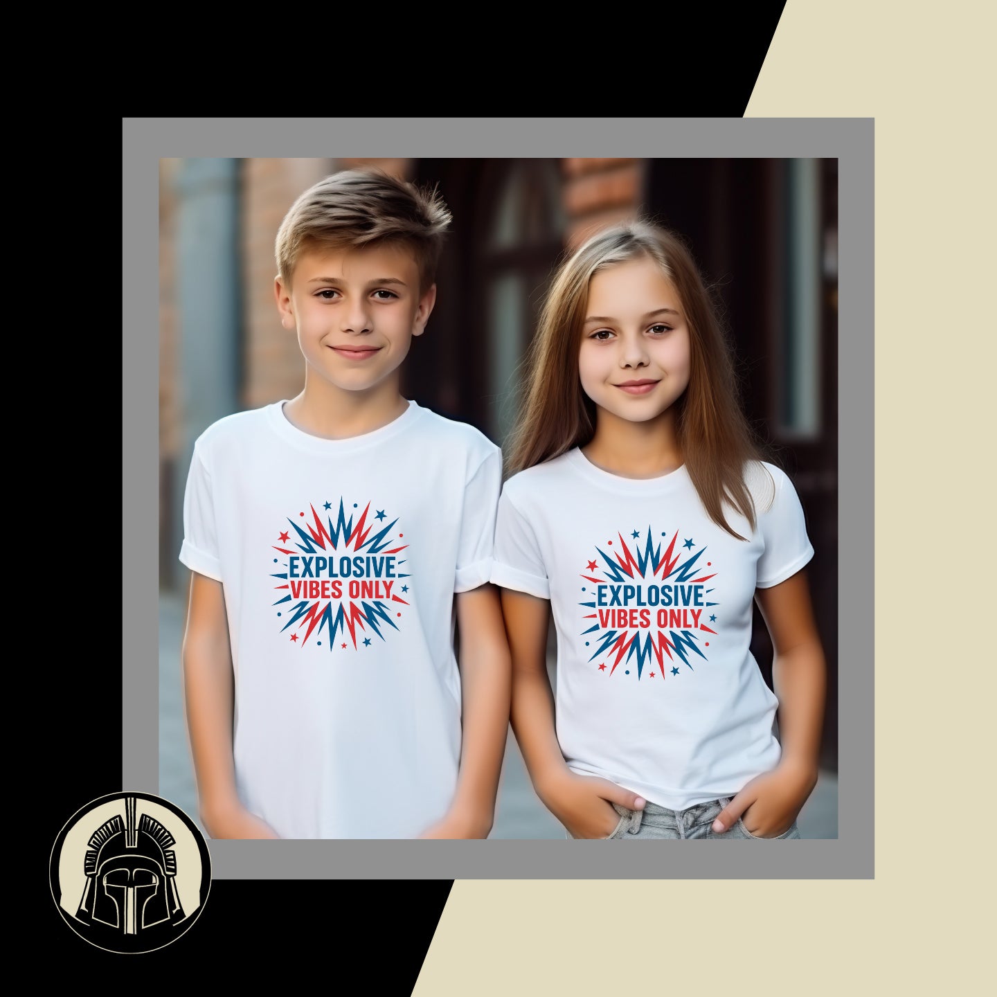 Two children wearing white t-shirts with a colorful graphic and text.