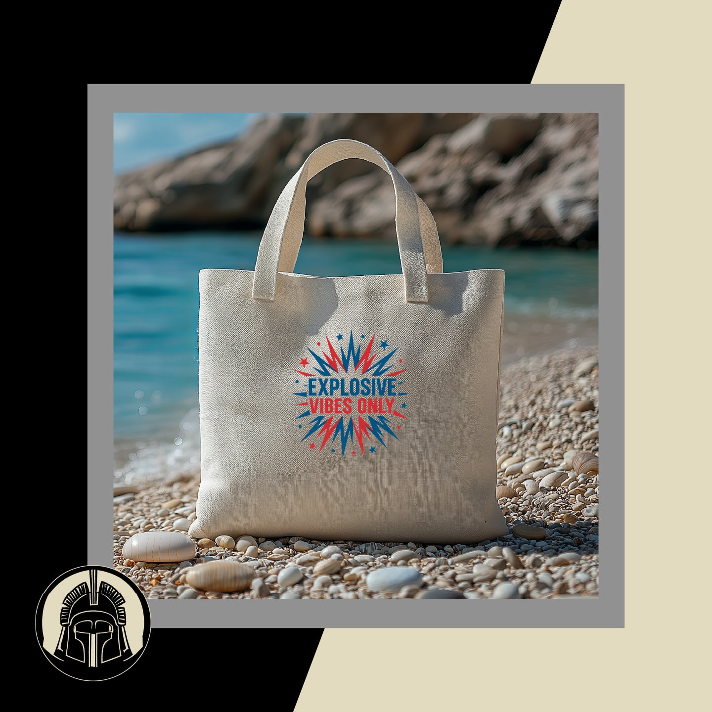 Beige tote bag with 'Explosive Vibes Only' design on a beach