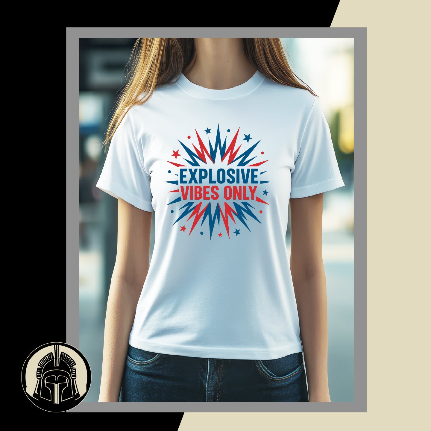 Person wearing a white t-shirt with 'EXPLOSIVE VIBES ONLY' text and star design.