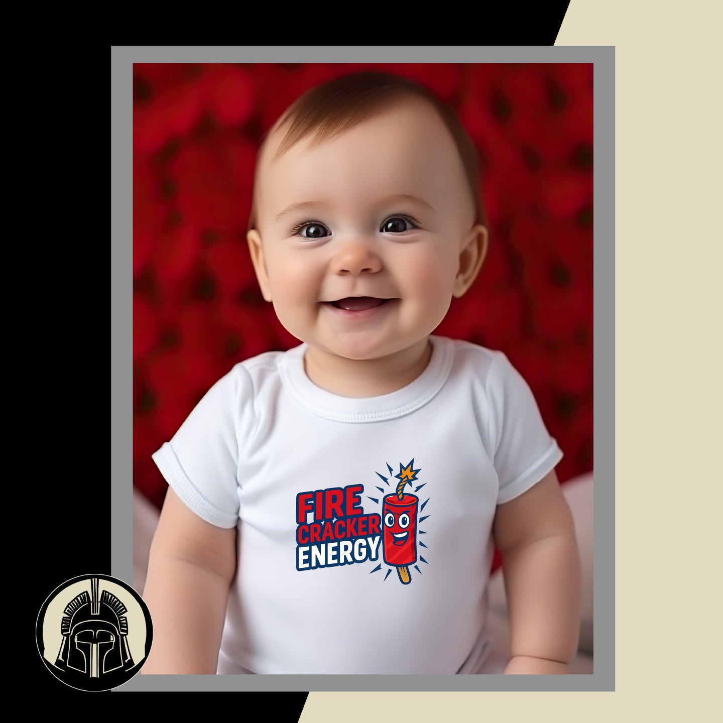 Baby wearing a white onesie with a colorful graphic and text, sitting against a red background.