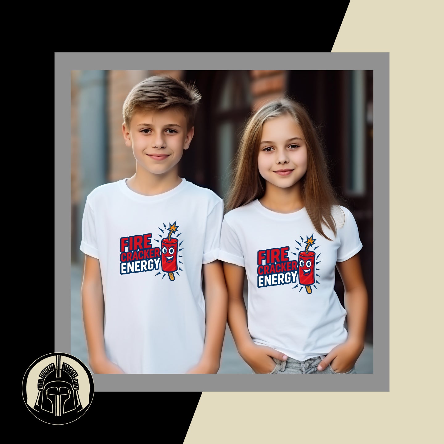 Two children wearing white t-shirts with a firecracker design and text.