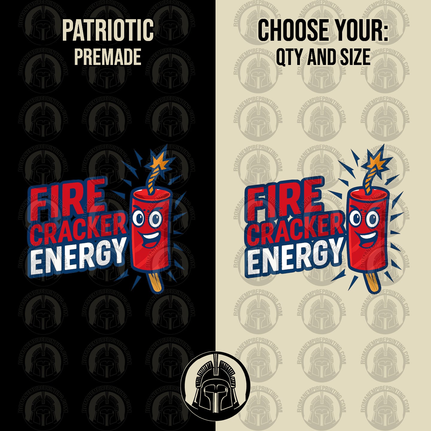 Firecracker-themed design with 'Fire Cracker Energy' text on a black and beige background.