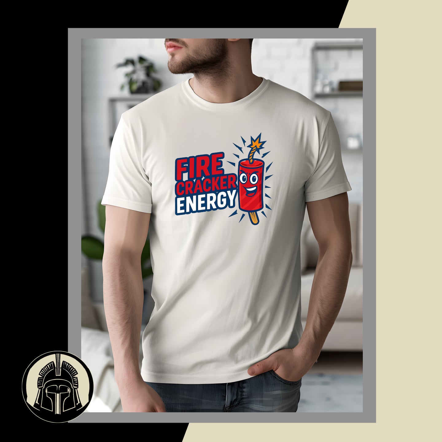 Person wearing a white t-shirt with 'Firecracker Energy' graphic design.