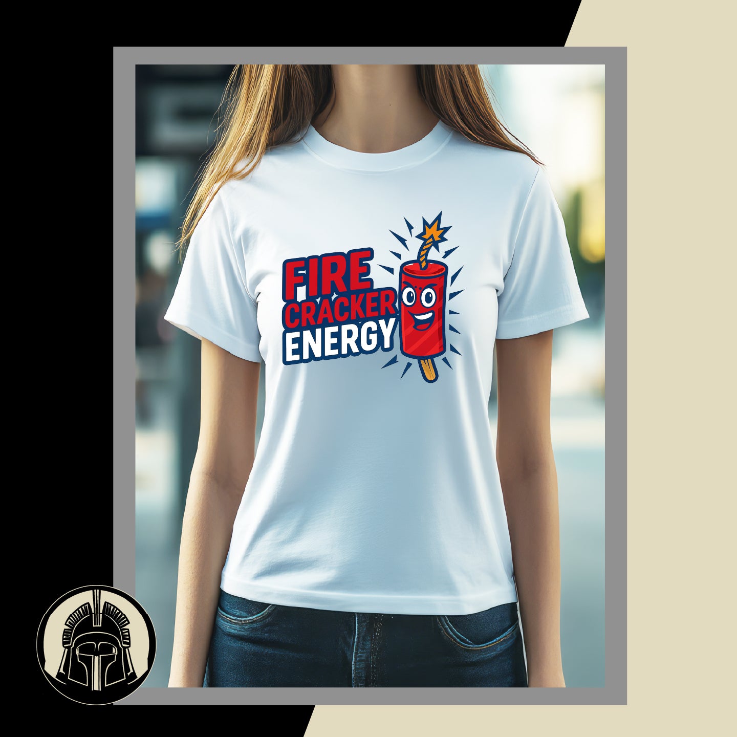 Person wearing a white t-shirt with a firecracker graphic and text.