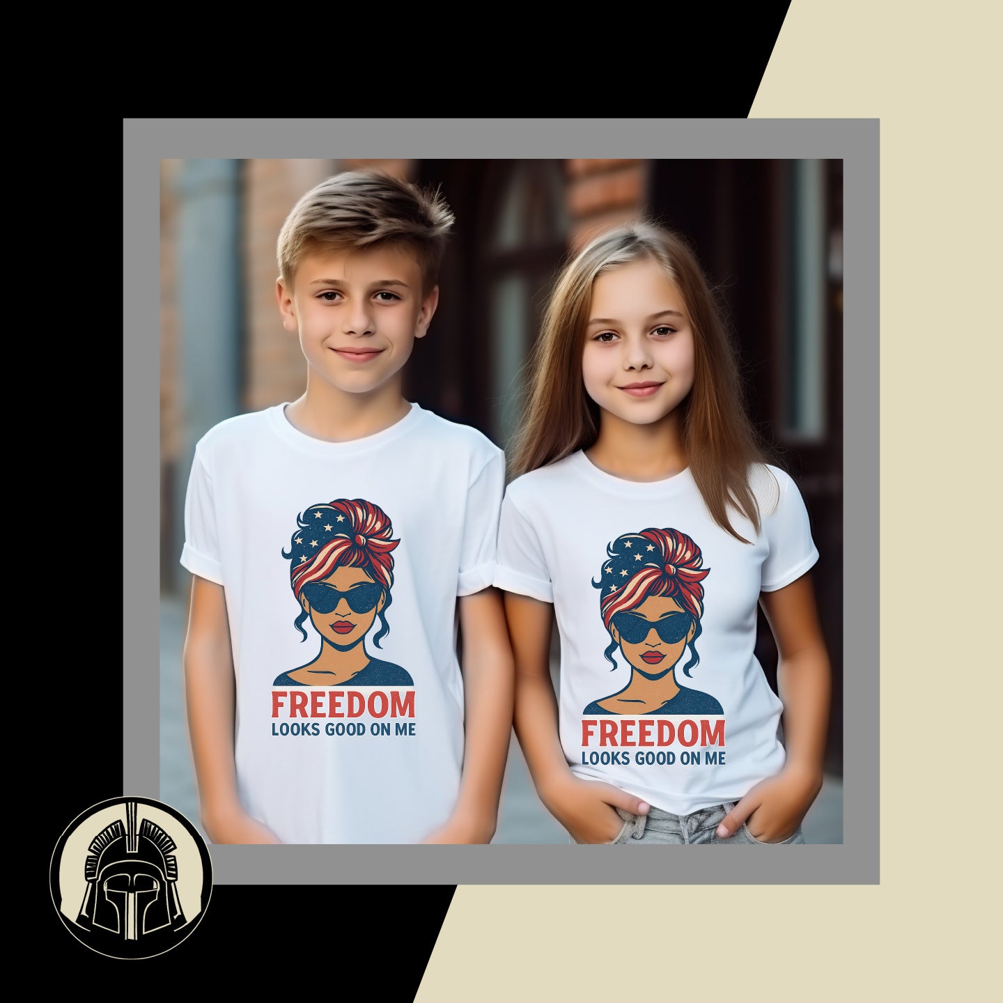 Two children wearing t-shirts with a graphic of a woman with an American flag headscarf and the text 'Freedom Looks Good on Me'.