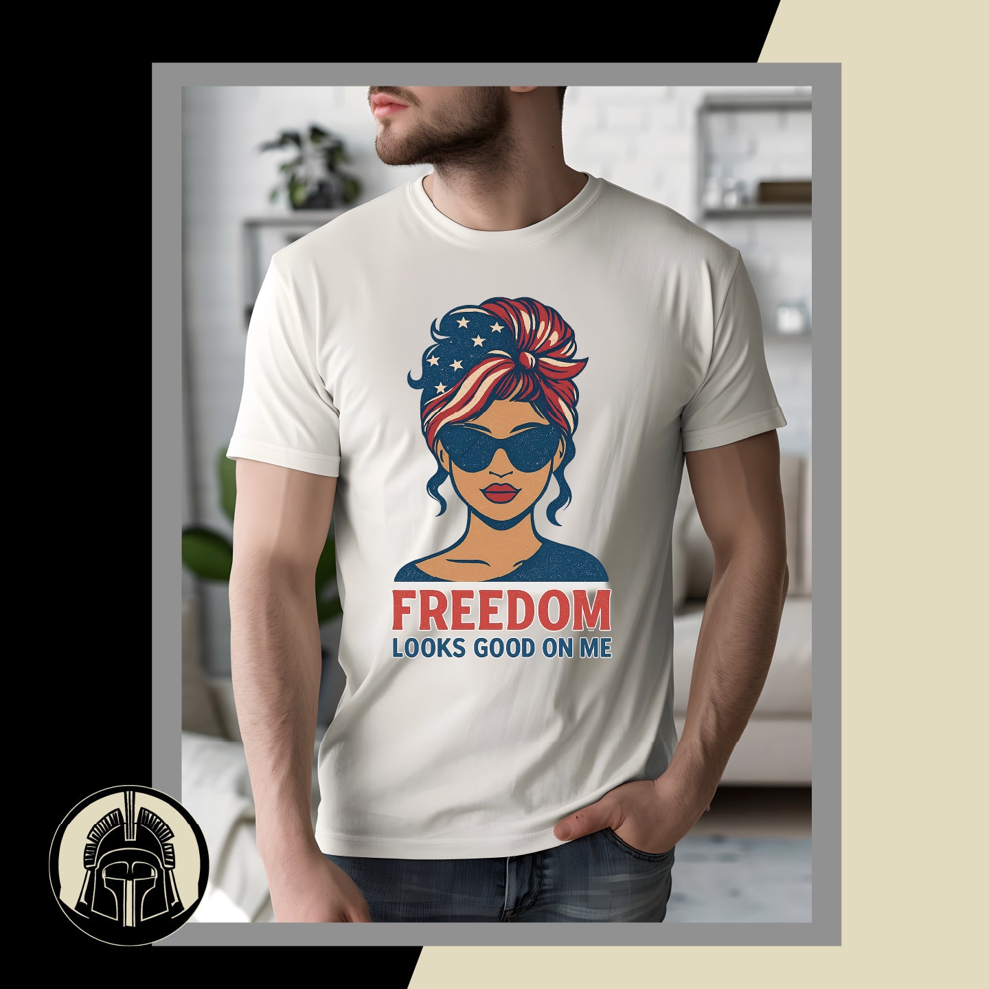 Person wearing a t-shirt with a graphic design and text 'Freedom Looks Good on Me' in a casual setting.