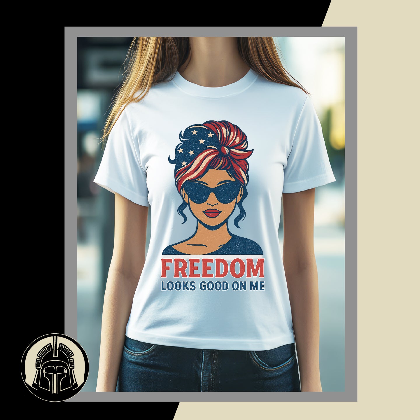 Person wearing a white t-shirt with a graphic of a woman with an American flag headband and text 'Freedom Looks Good on Me'.