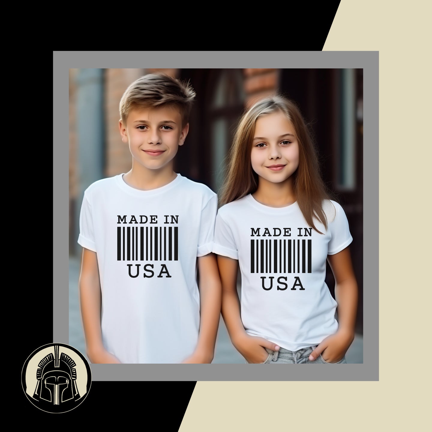 Two children wearing white t-shirts with 'MADE IN USA' text and barcode design.
