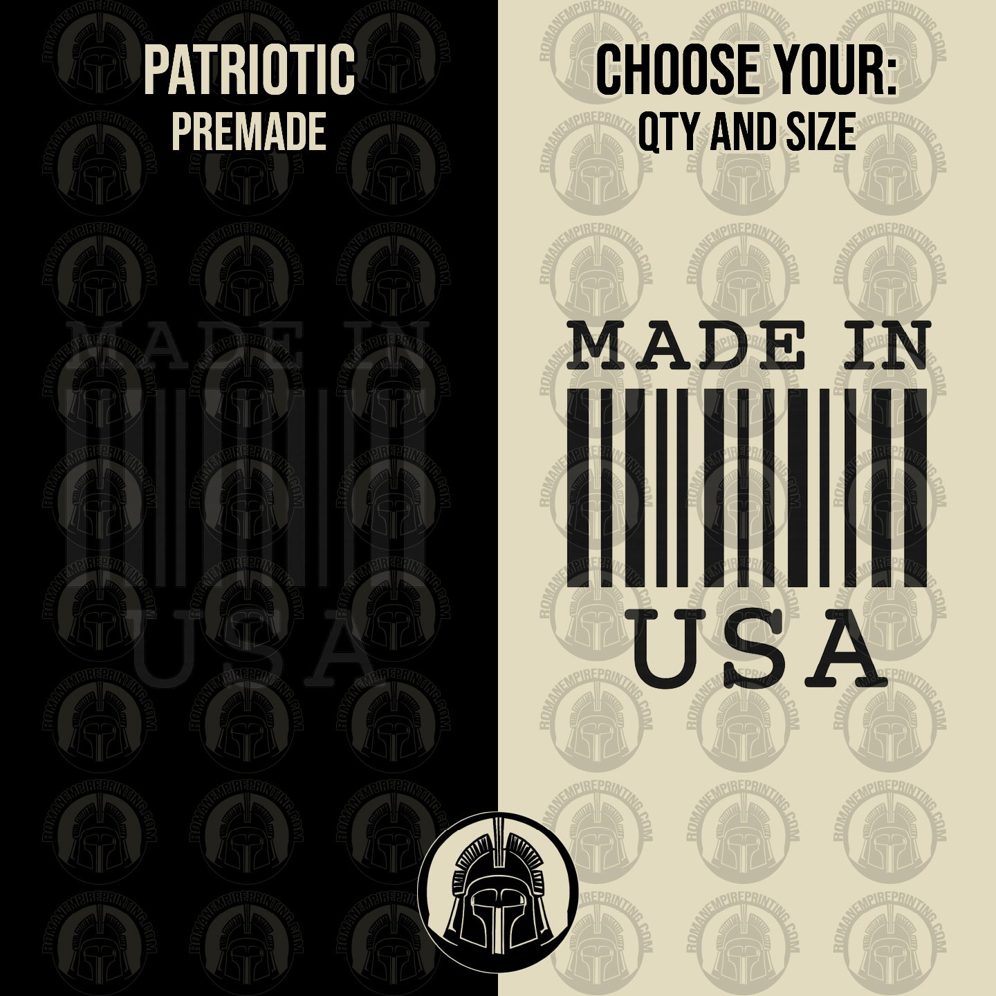'Made in USA' text and barcode design against a black and beige background.