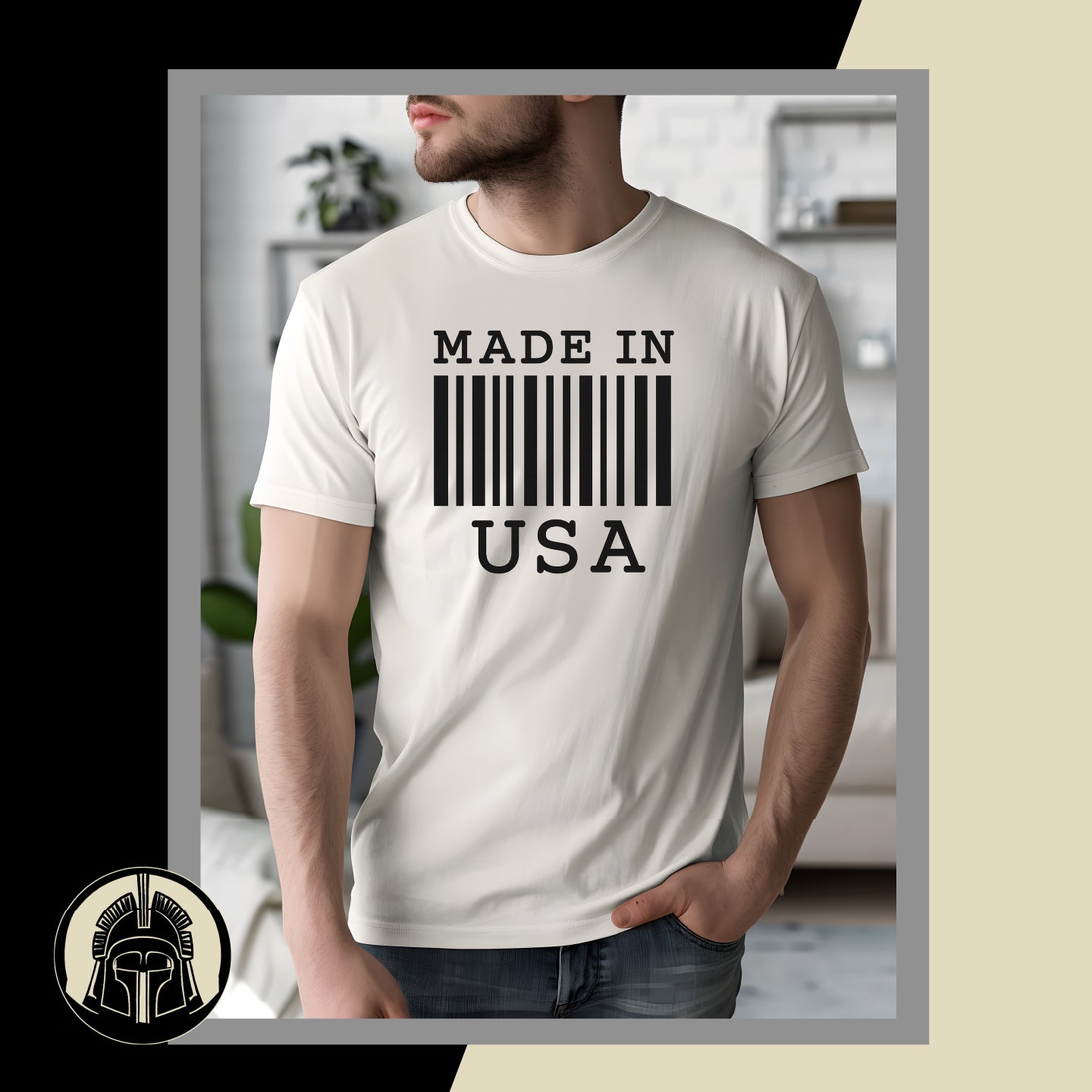 Person wearing a white t-shirt with 'MADE IN USA' barcode design.