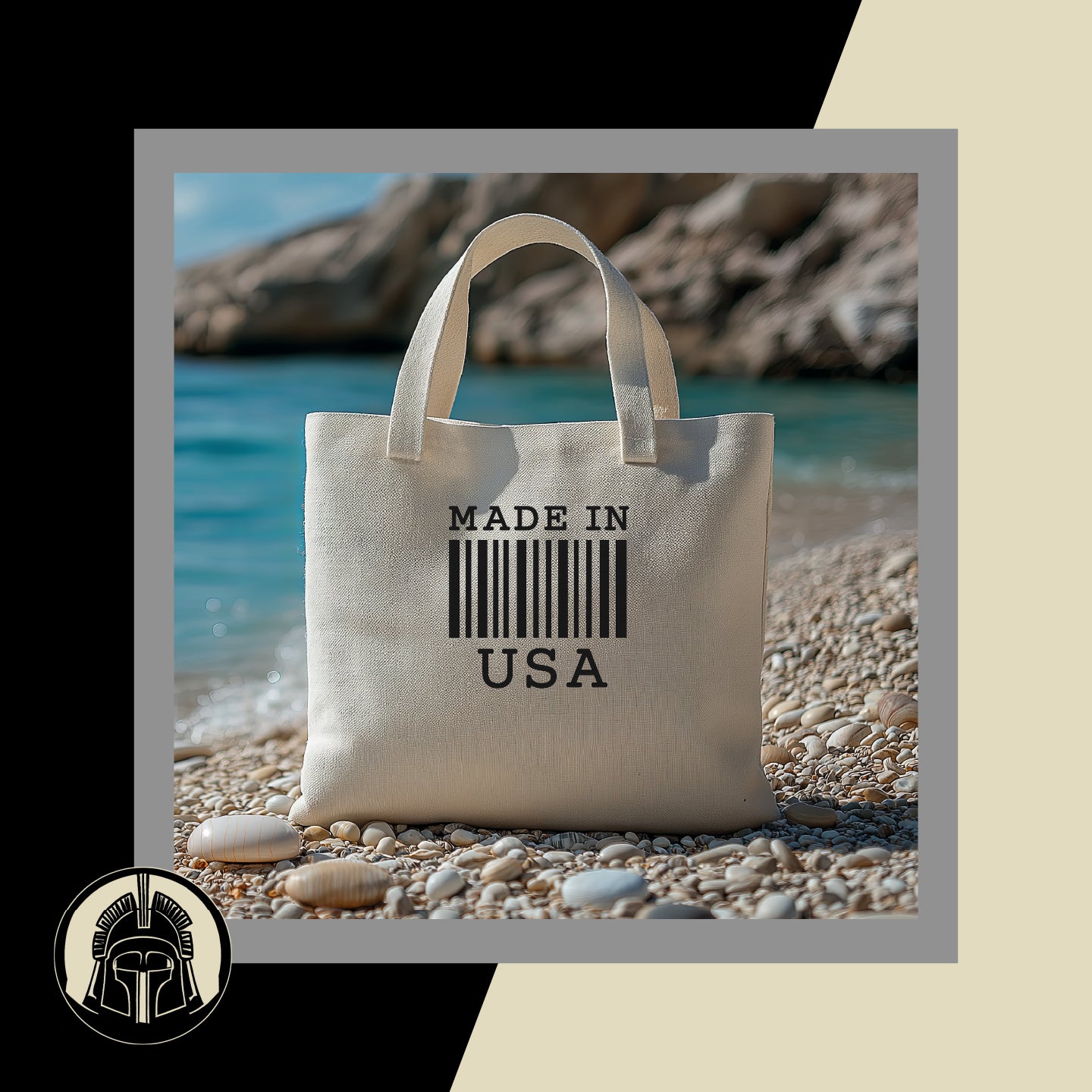 Beige tote bag with 'Made in USA' text on a pebbly beach