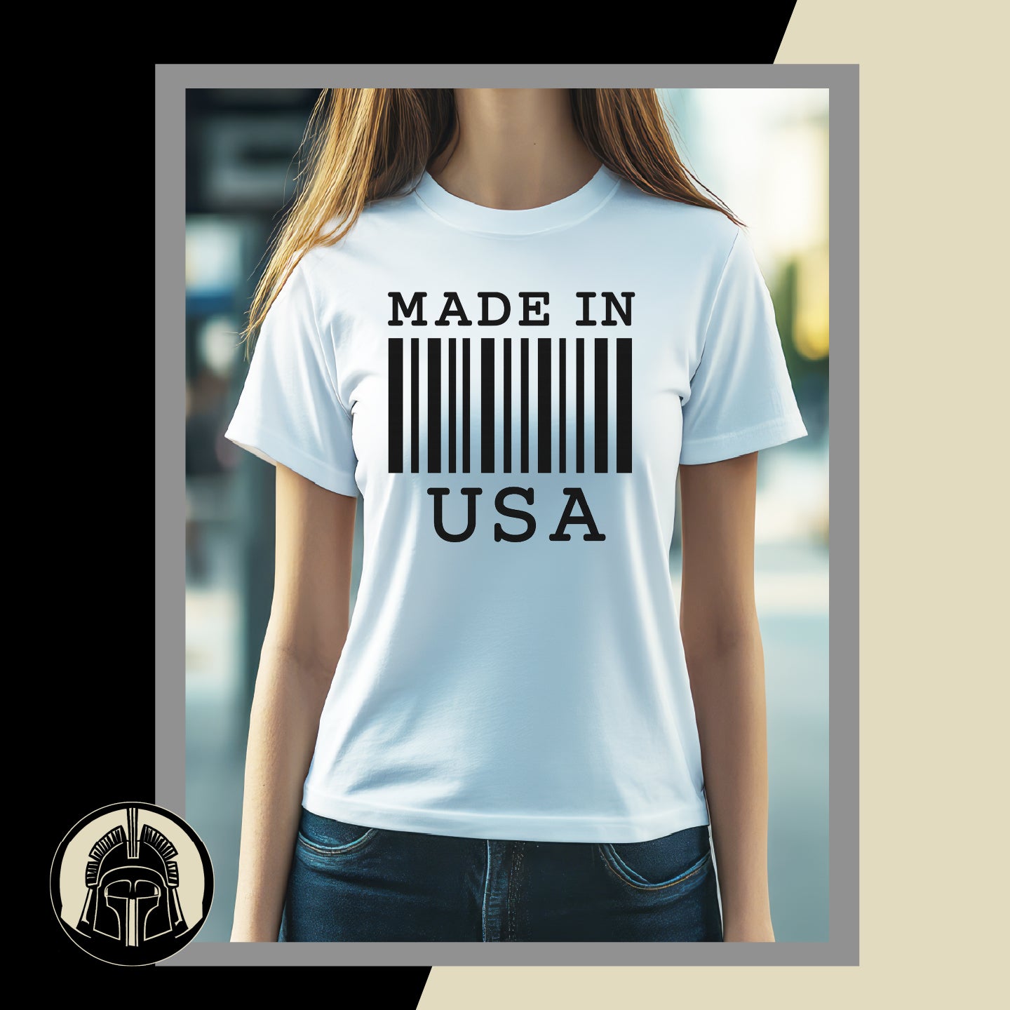 White t-shirt with 'MADE IN USA' text and barcode design worn by a person.