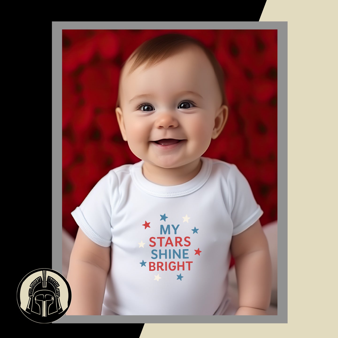 Baby wearing a white onesie with 'My Stars Shine Bright' text, sitting against a red floral background.
