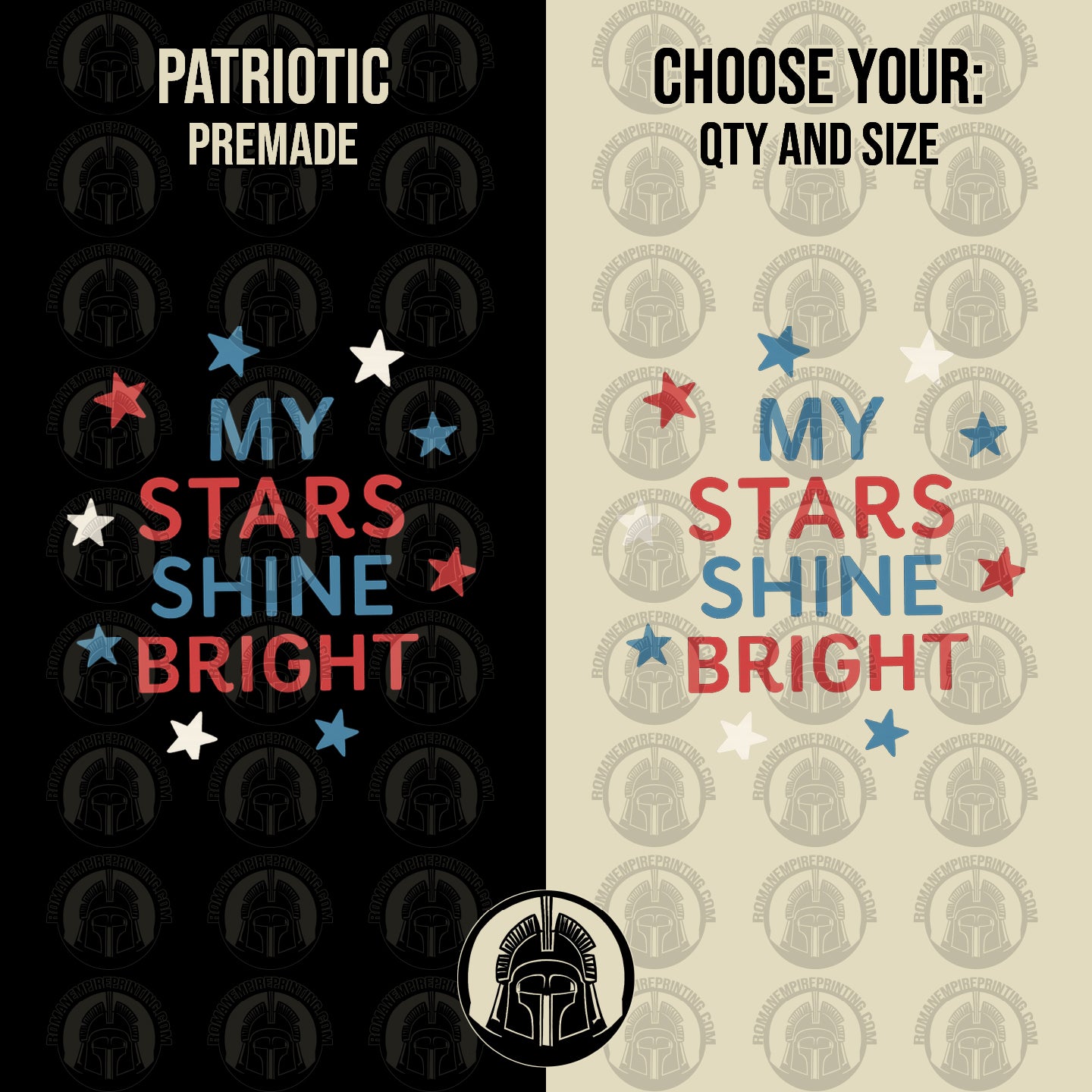 Two versions of a vinyl cutout design with stars and text, one on black and one on beige with a pattern.