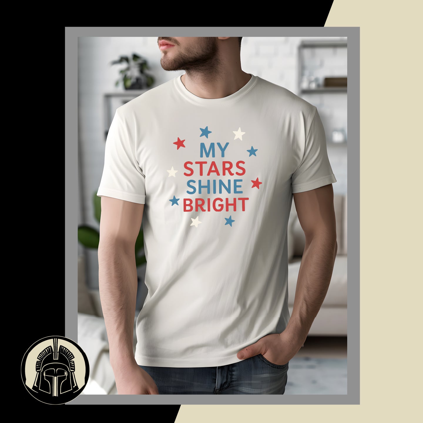 Person wearing a white t-shirt with 'My Stars Shine Bright' text and star graphics.