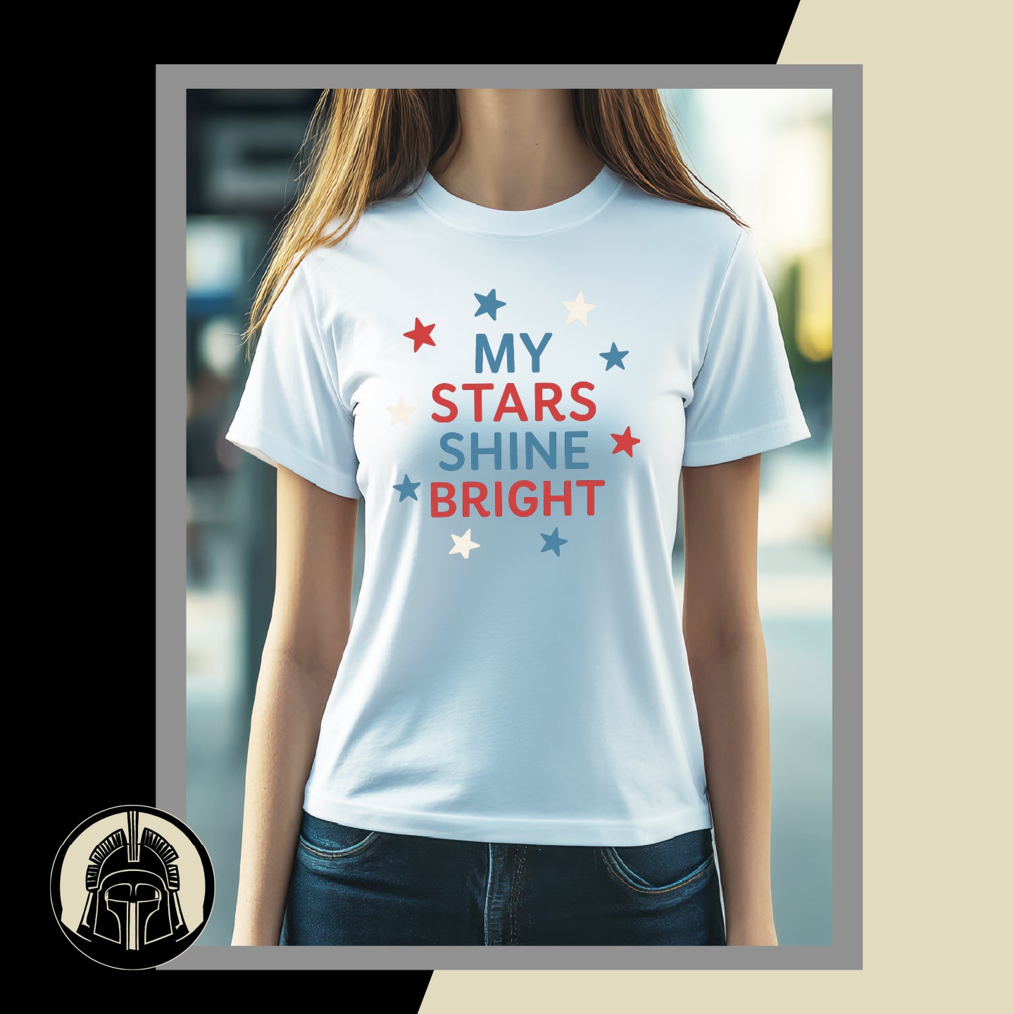 Person wearing a white t-shirt with 'My Stars Shine Bright' text and star graphics.