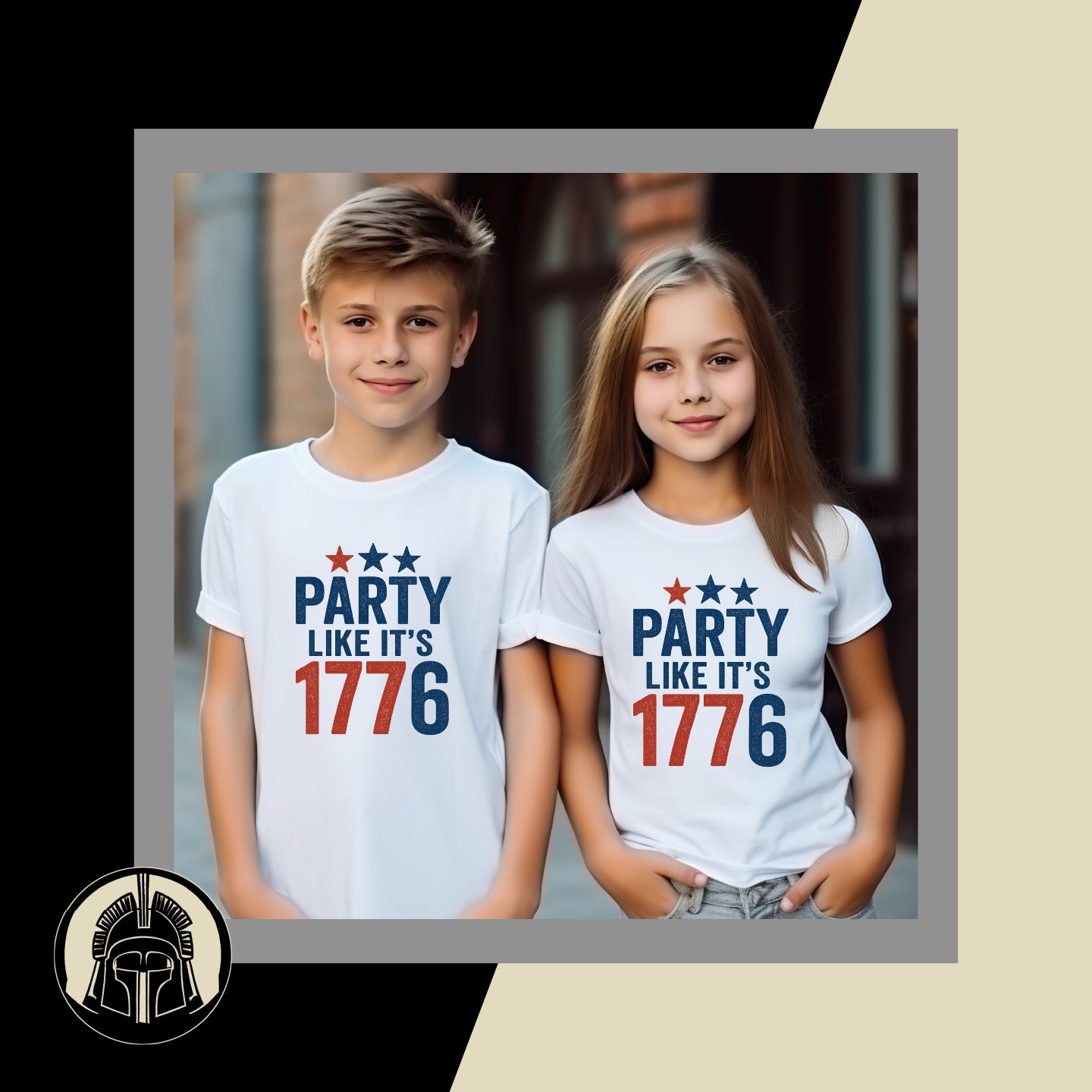 Two children wearing white t-shirts with 'Party Like It's 1776' text.
