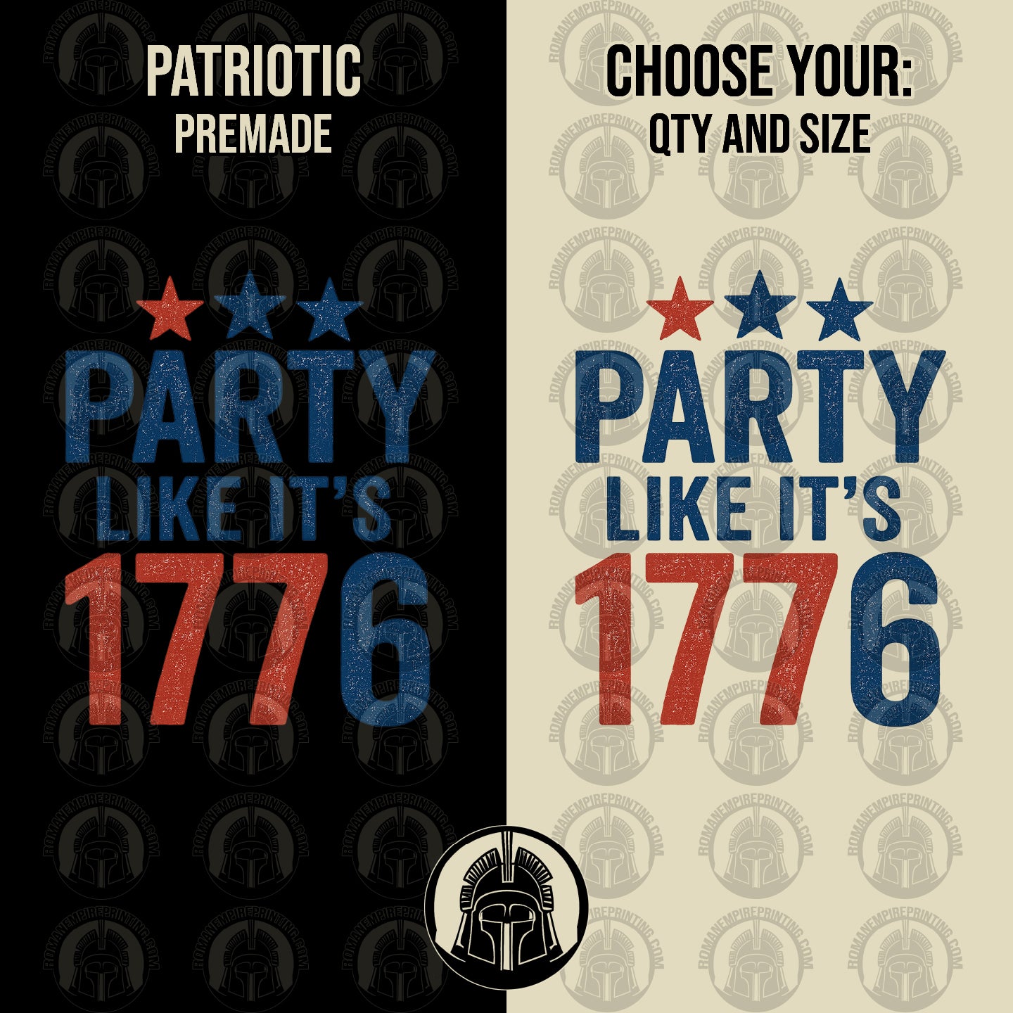 Two versions of a graphic with 'PARTY LIKE IT'S 1776' text, one on black and one on beige with star patterns.