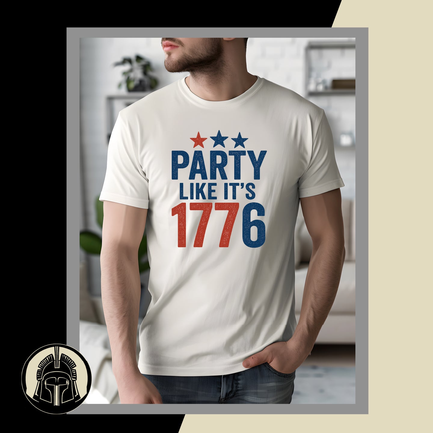 Person wearing a white t-shirt with 'Party Like It's 1776' text in a casual setting.