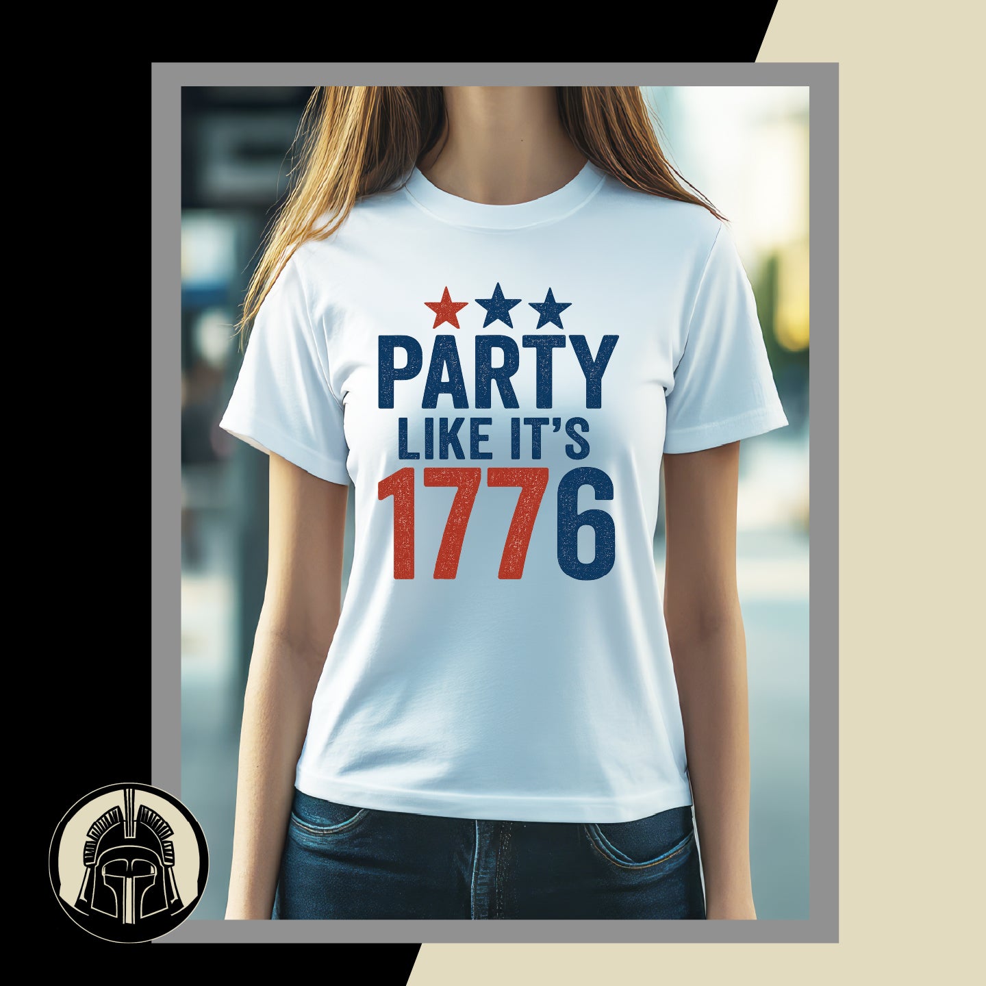 Person wearing a white t-shirt with 'PARTY LIKE IT'S 1776' text and stars design.
