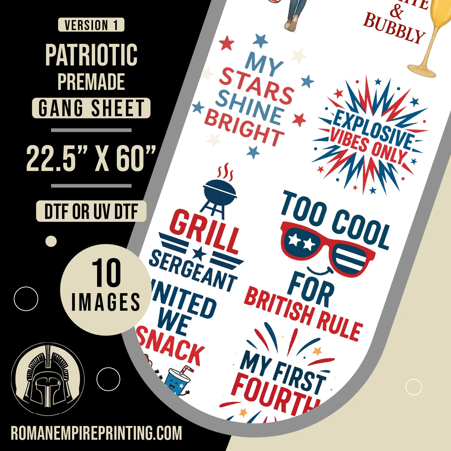 Sheet of patriotic-themed graphics with text and graphics on a phone screen, featuring Roman Empire Printing branding.