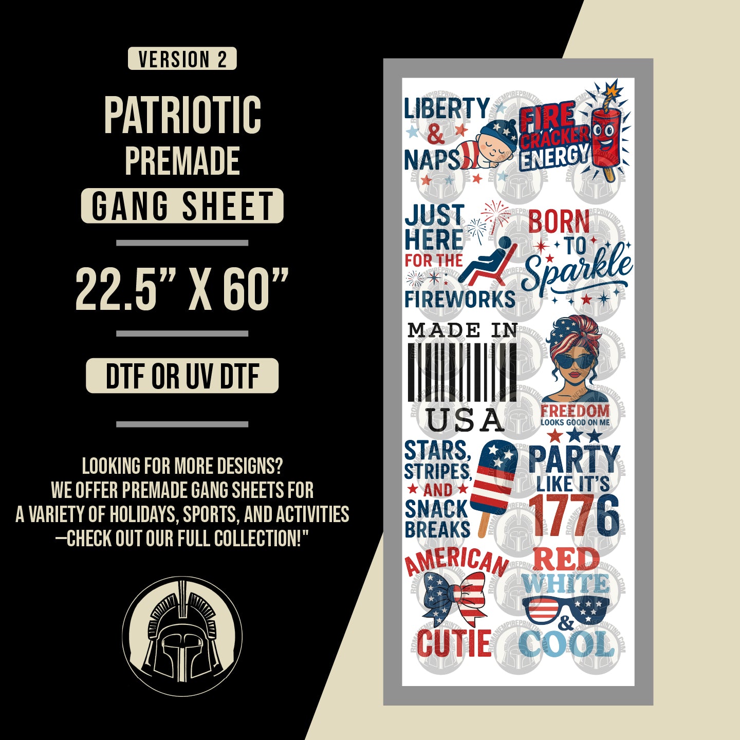 Patriotic premade gang sheet with various designs on a black background