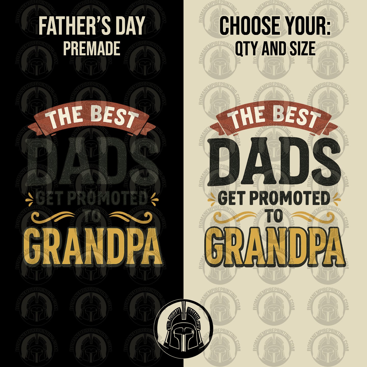 Two versions of a Father's Day card with text 'The best dads get promoted to grandpa' on a black and beige background.