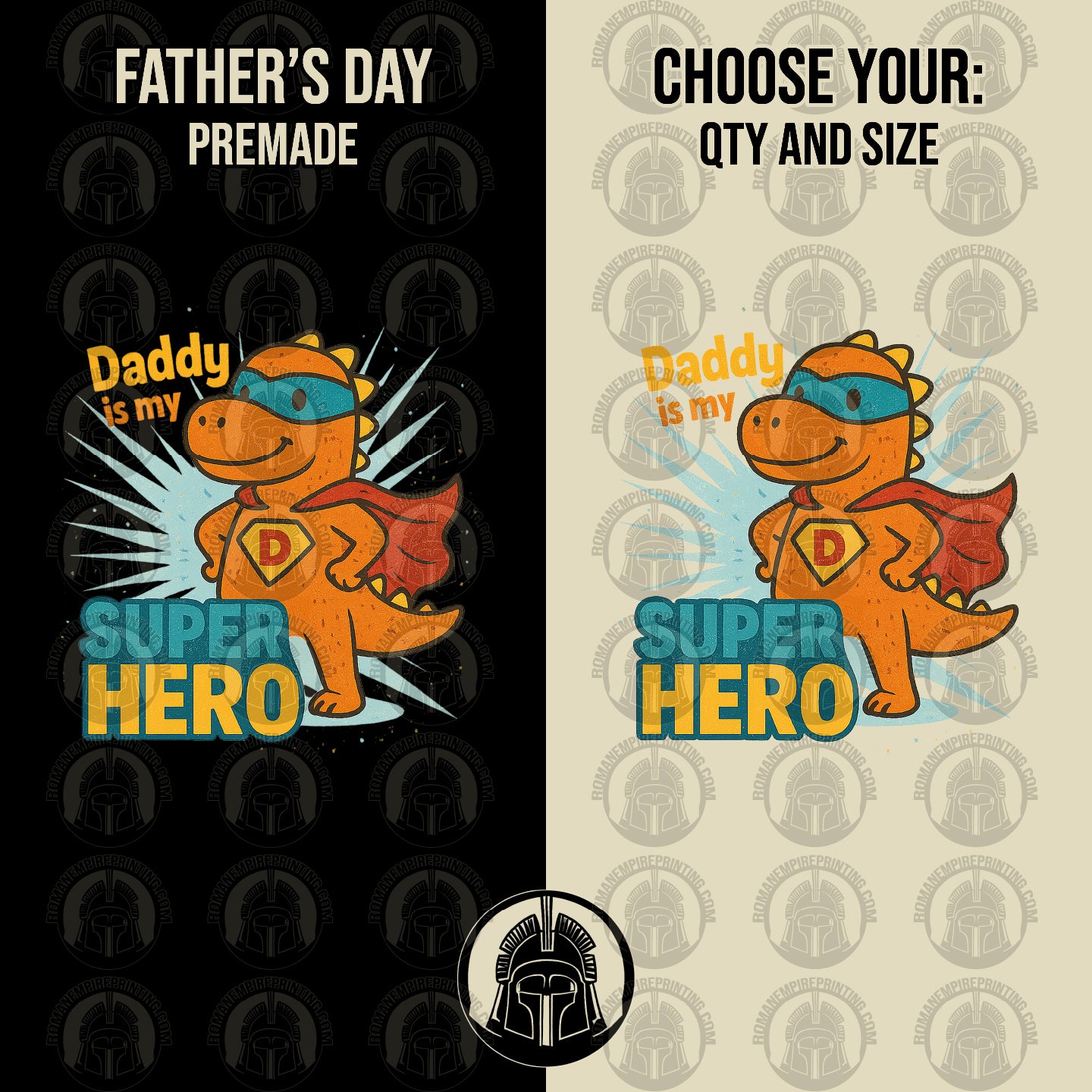 Father's Day t-shirt design with dinosaur superhero graphic on black and beige backgrounds.