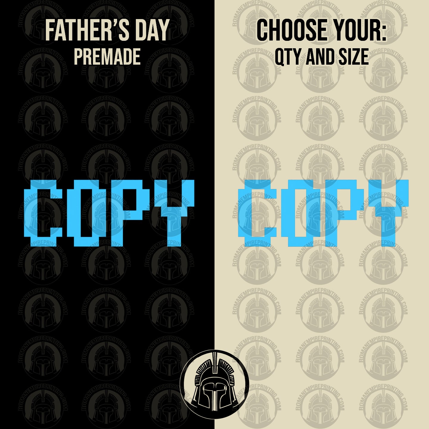 Father's Day promotional graphic with "Copy" text and product icons on a black and beige background.