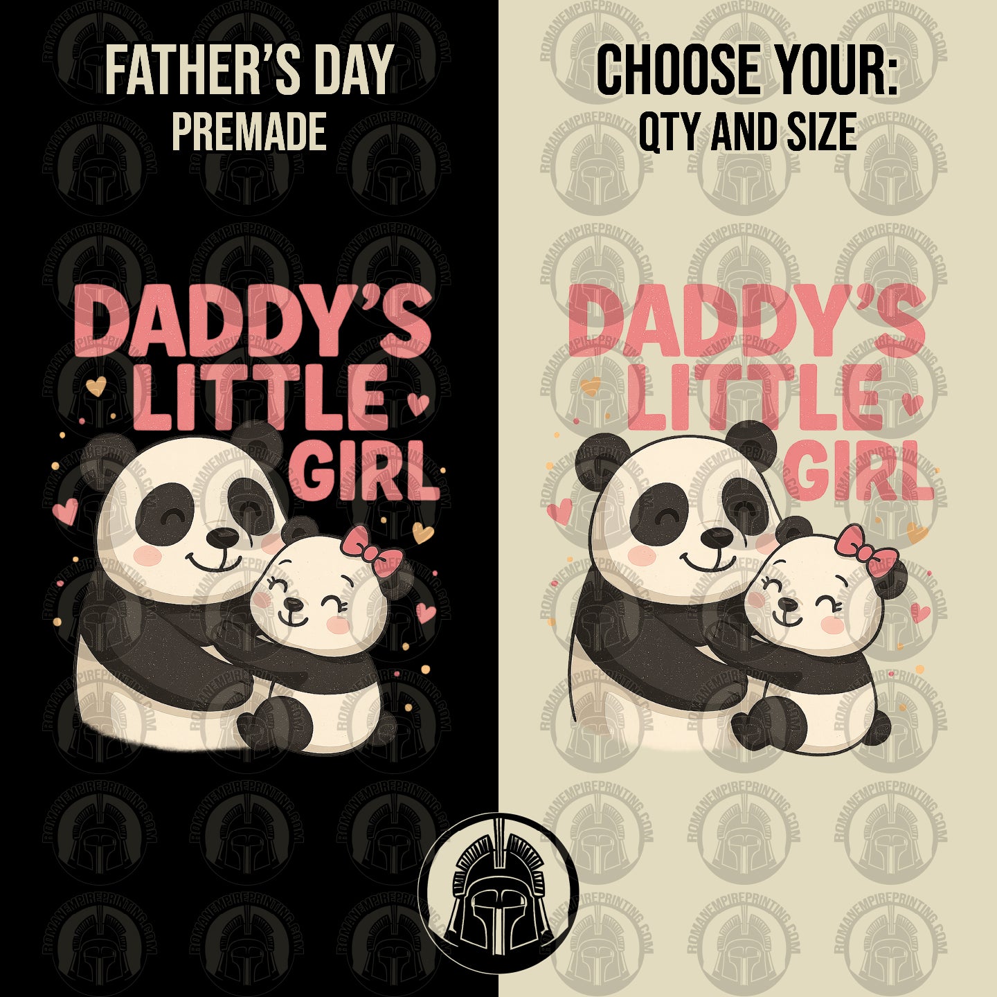 Two designs of panda bears with 'Daddy's Little Girl' text on a black and beige background.