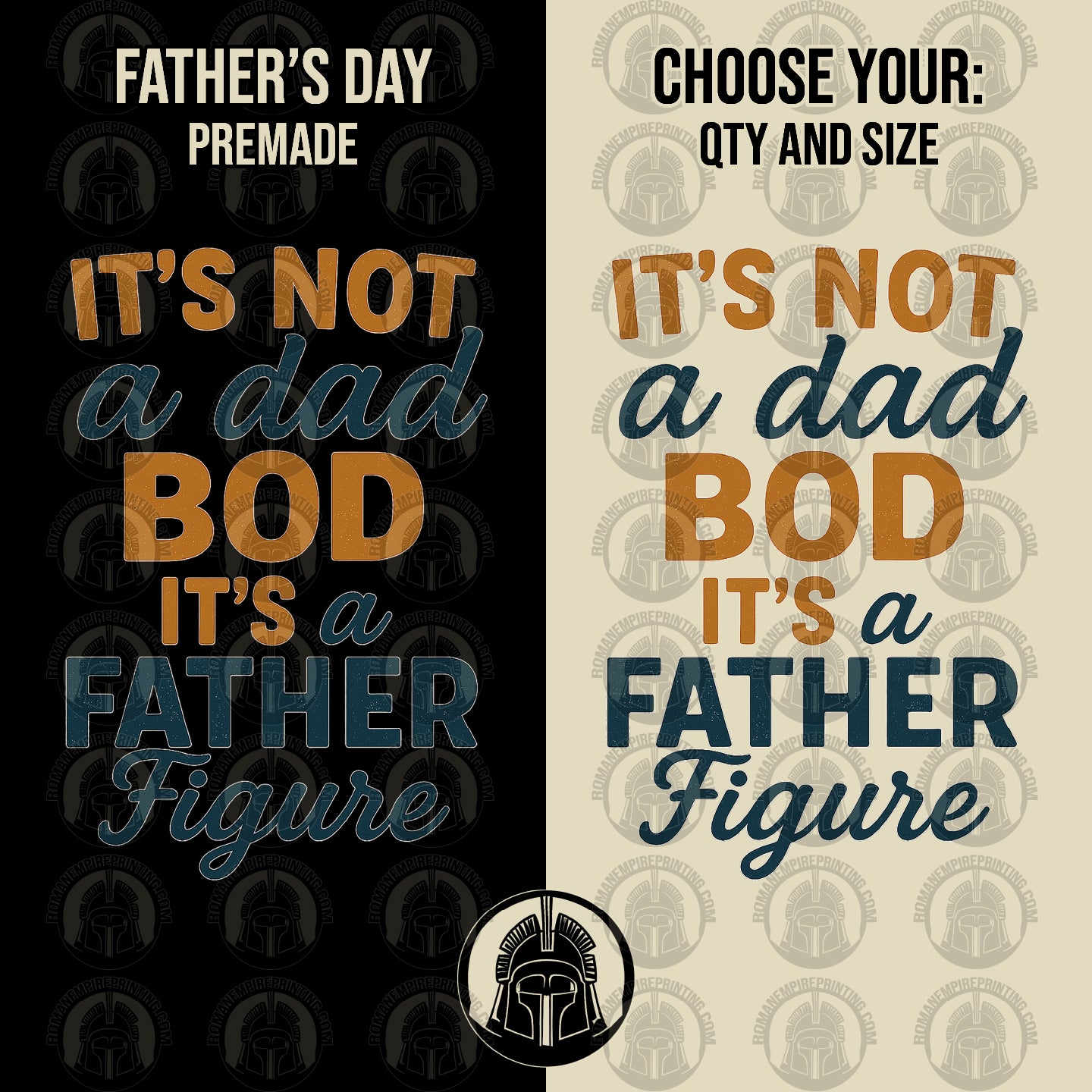 Two versions of a Father's Day graphic with humorous text on black and beige backgrounds.