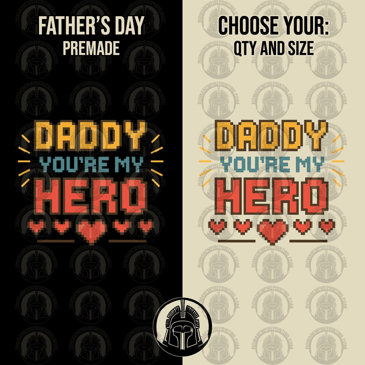 Two versions of a Father's Day design with 'Daddy, you're my hero' text on a black and beige background.