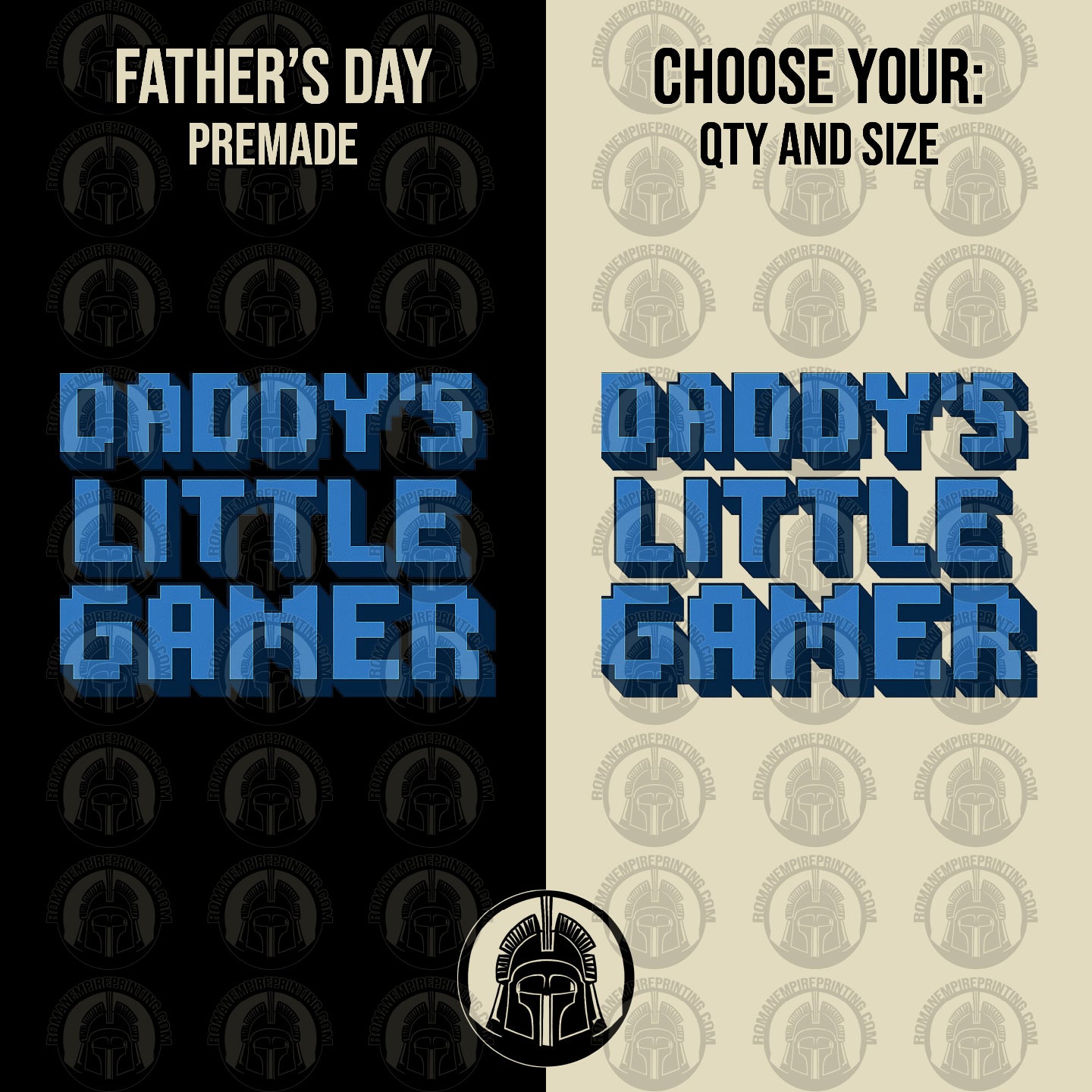 Two versions of 'Daddy's Little Gamer' text design on black and beige backgrounds with a logo.