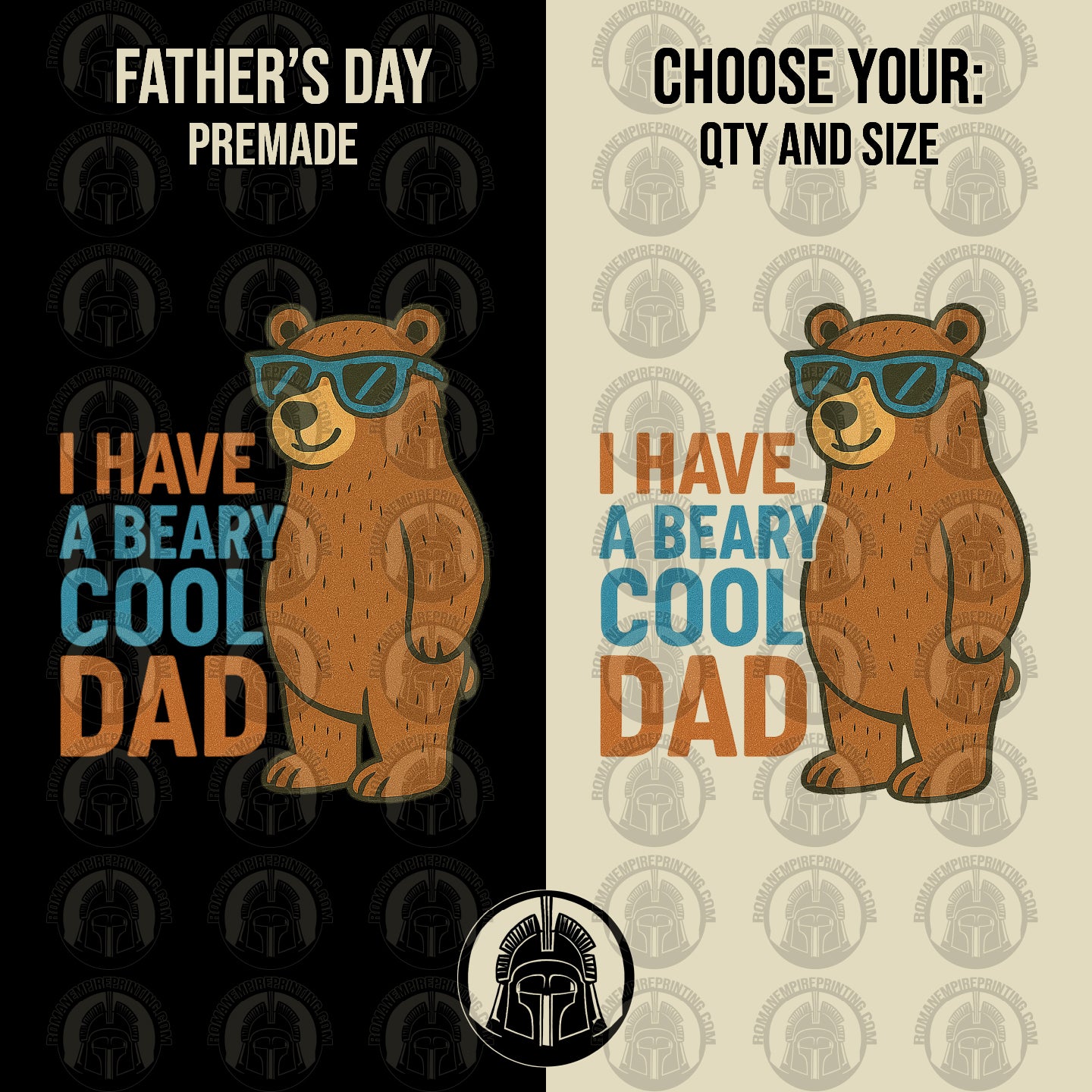Two versions of a Father's Day card with a bear wearing sunglasses and text on a black and beige background.