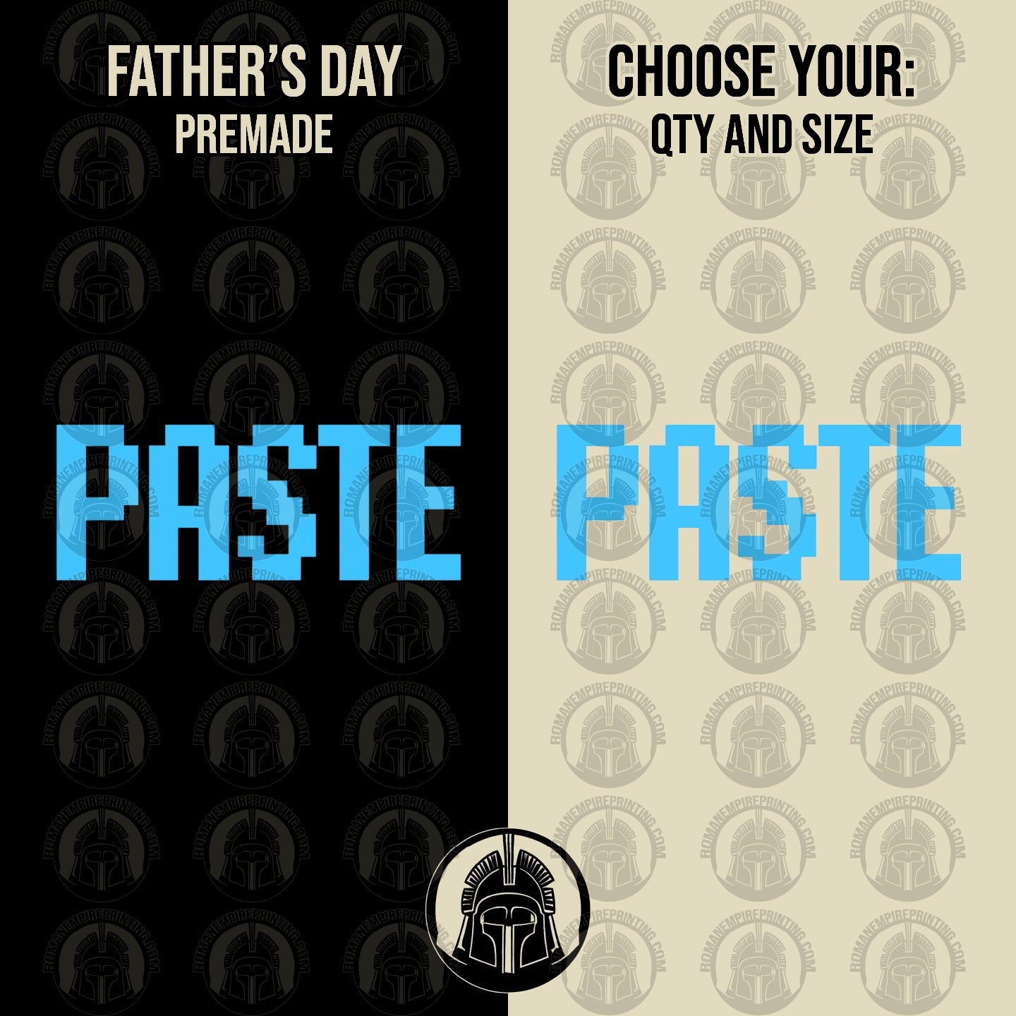 Two versions of a 'Paste' design for Father's Day, one on black and one on beige with patterns, featuring the brand 'Paste'.