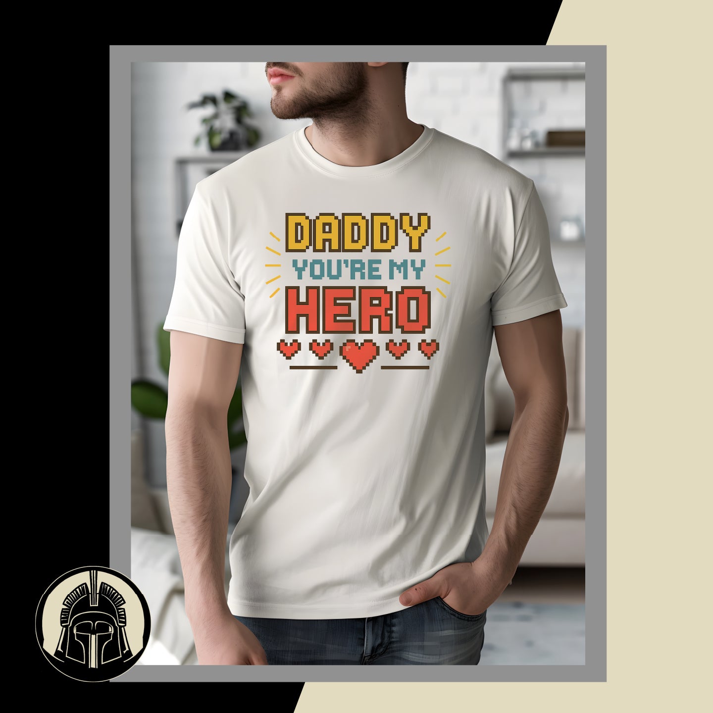 Person wearing a white t-shirt with 'Daddy You're My Hero' text and heart graphics.