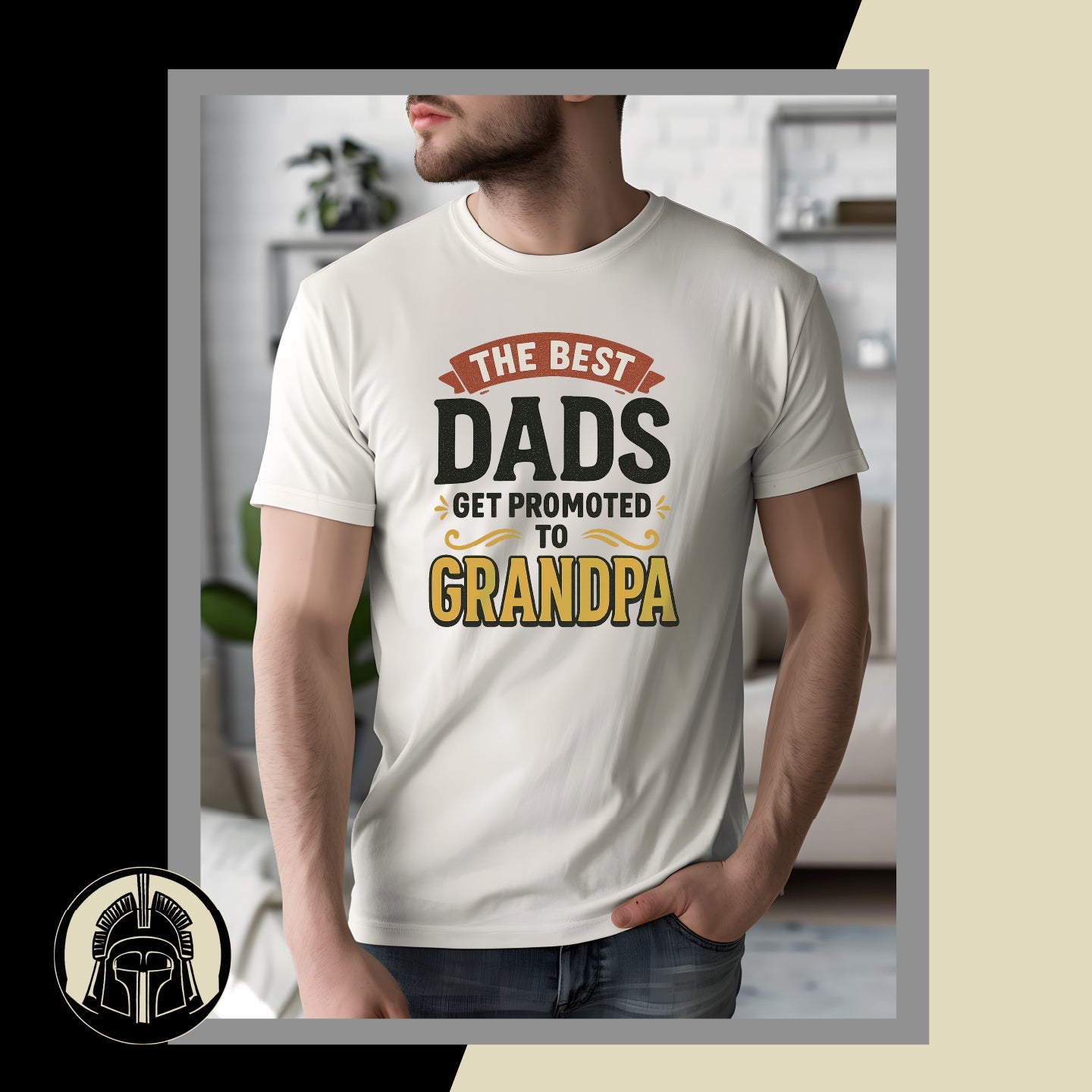 Person wearing a white t-shirt with 'The best dads get promoted to grandpa' text.