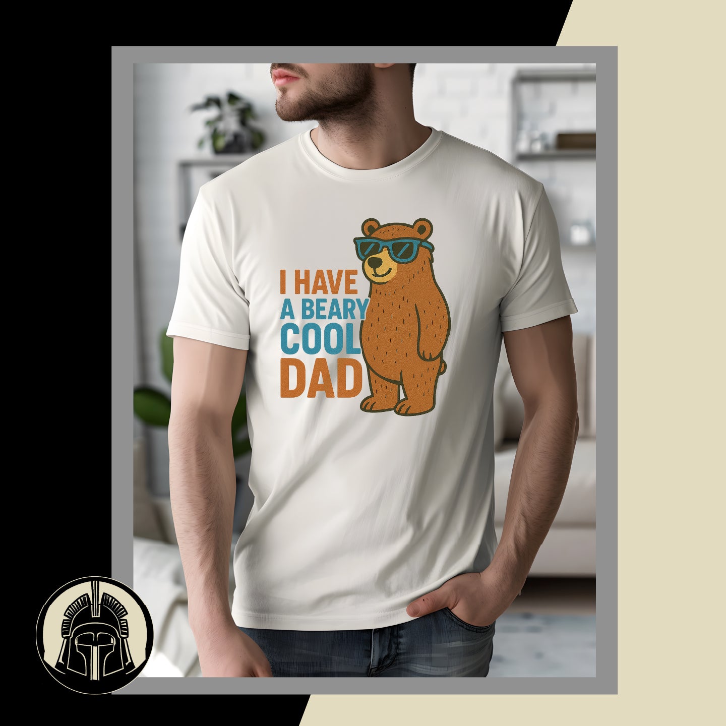 Person wearing a t-shirt with a bear graphic and text in a casual setting