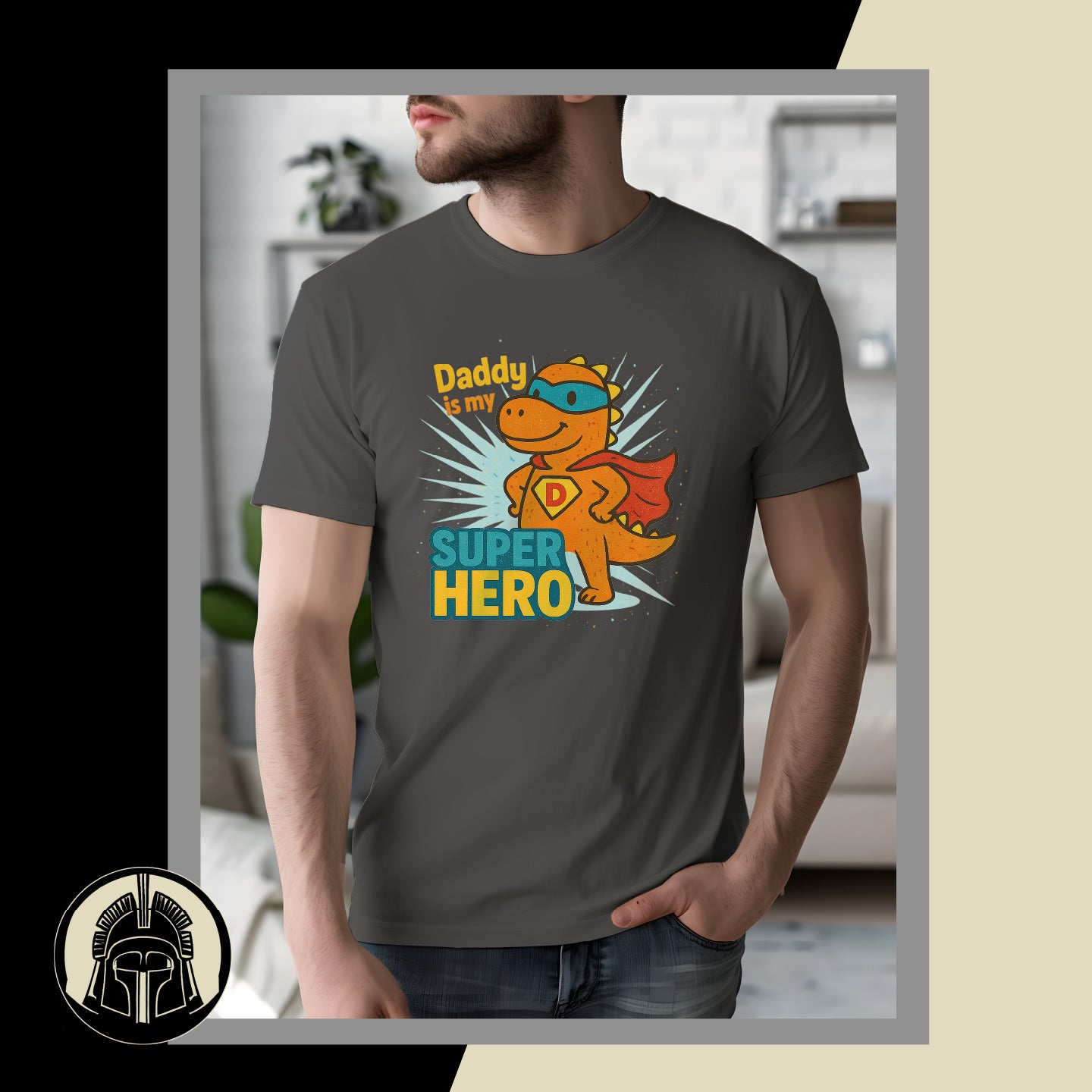 Person wearing a t-shirt with a dinosaur graphic and text in a casual setting
