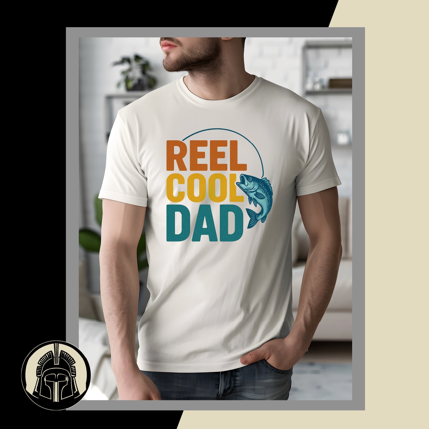 Person wearing a white t-shirt with 'Reel Cool Dad' graphic design.