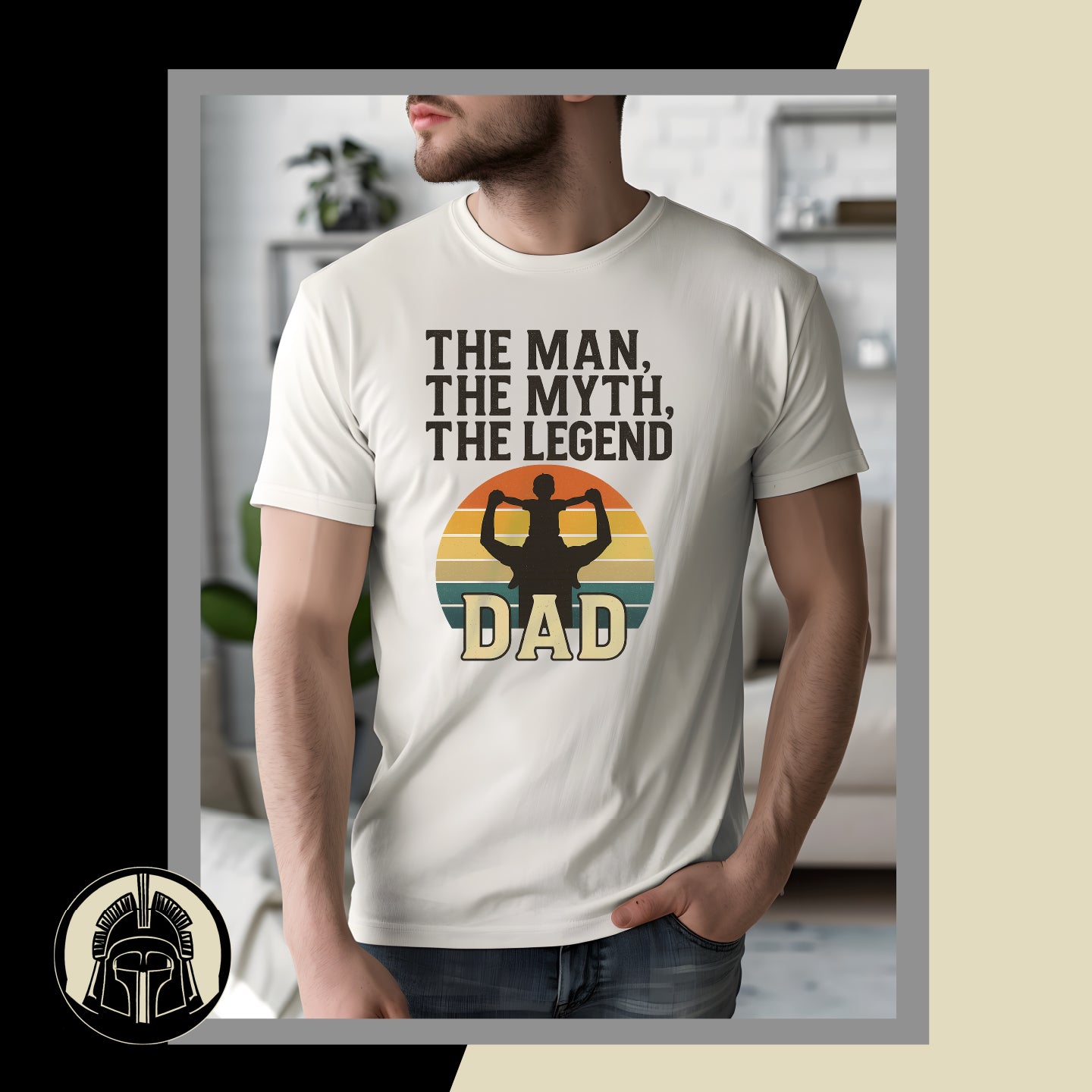 Person wearing a t-shirt with 'The Man, The Myth, The Legend Dad' design.