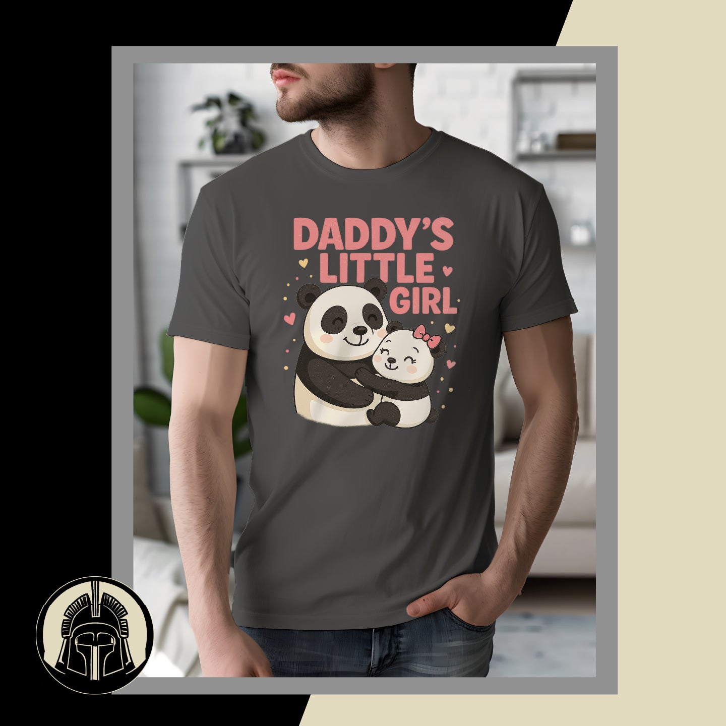 Person wearing a dark gray t-shirt with panda design and 'Daddy's Little Girl' text.