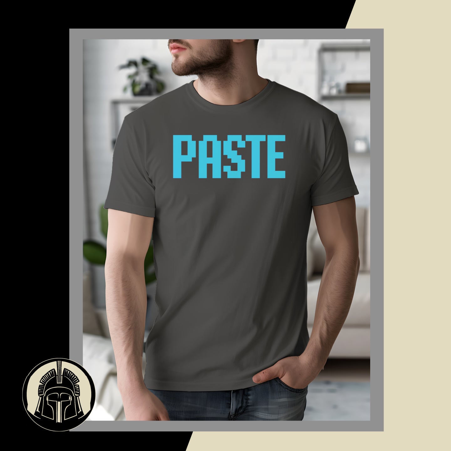 Person wearing a gray t-shirt with 'PASTE' printed in blue letters, standing in a room.