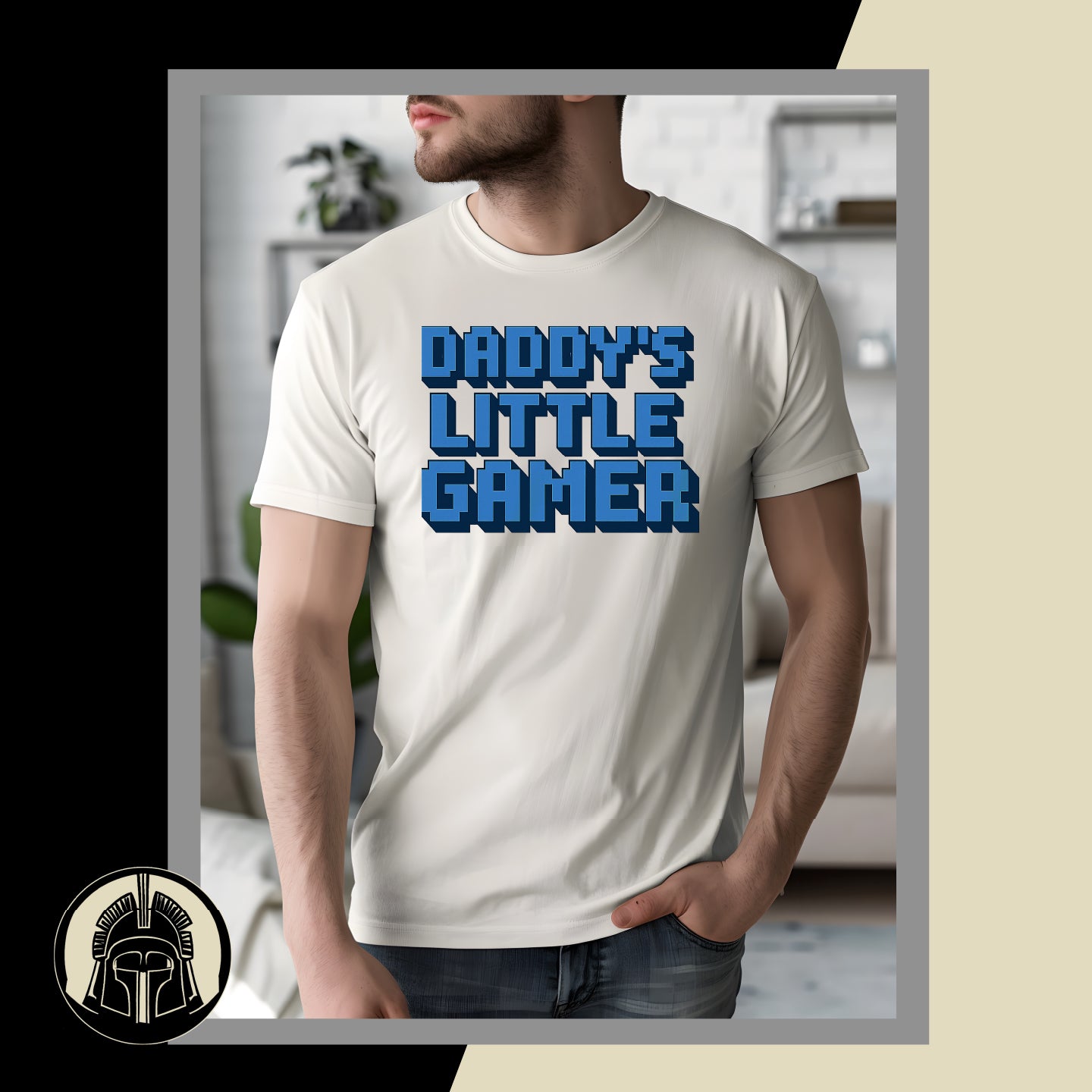 Person wearing a white t-shirt with 'Daddy's Little Gamer' text in blue, standing in a room.