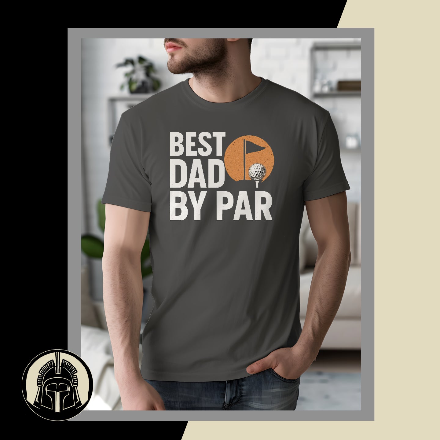 Person wearing a t-shirt with 'Best Dad by Par' design in a casual setting